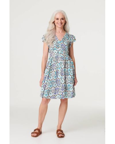 Izabel London Printed Frill Sleeve Short Dress - Blue