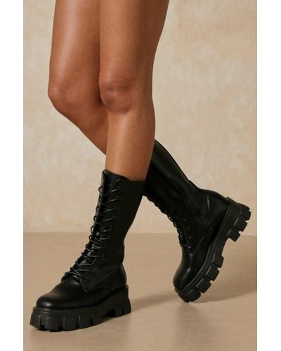 MissPap Leather Look Knee High Lace Up Boots - Black