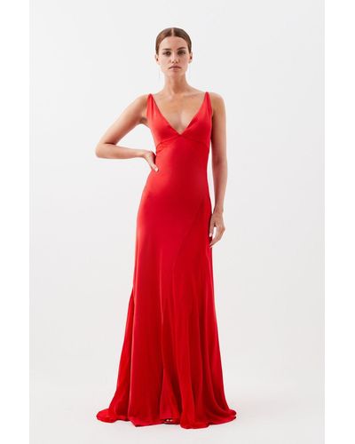 KarenMillen Petite Sheer Panelled Satin Woven Maxi Dress - Red