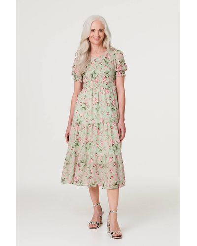 Izabel London Floral Puff Sleeve Smock Dress - Natural