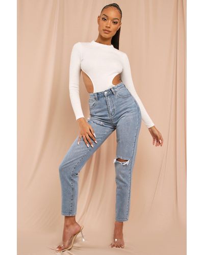 MissPap High Waisted Distressed Straight Leg Jeans - Blue