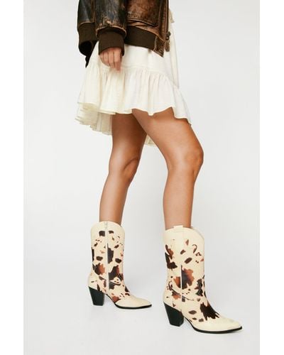 Nasty Gal Faux Leather Cow Print Cowboy Boots - White