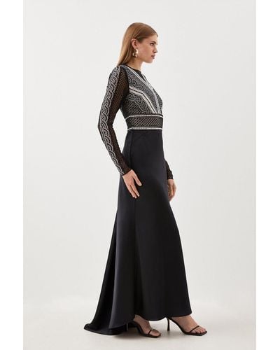 Karen Millen Petite Guipure Lace Satin Woven Maxi Dress - Black