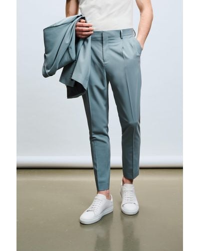 Burton Tapered Fit Green Pleat Suits Trousers - Blue