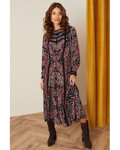 Monsoon Lace Trim Printed Midi Dress - Brown