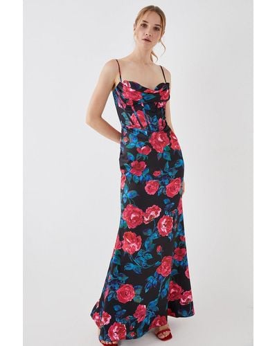 Coast Rose Print Corset Cowl Front Gown - Blue