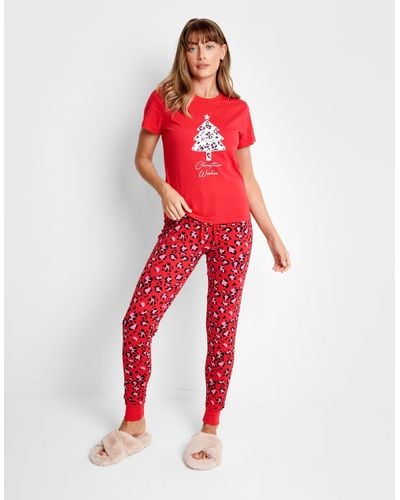 Threadbare Short Sleeve Cotton 'joy' Christmas Pyjama Set - Red
