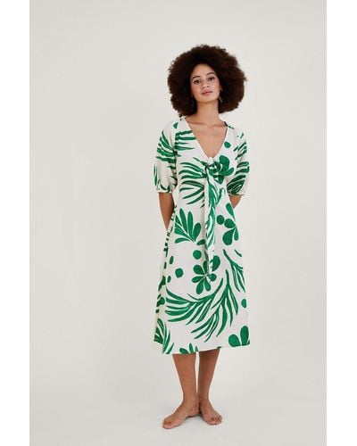 Monsoon Abstract Palm Print Tie Front Midi Dress - Green