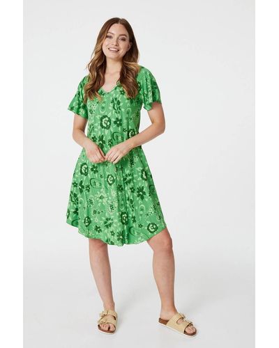Izabel London Floral Short Sleeve Swing Dress - Green