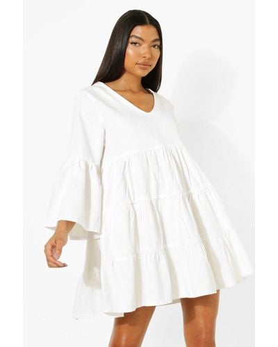 Boohoo Tall Flared Sleeve Denim Smock Dress - White