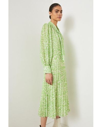 Warehouse Tie Neck Pleated Midi Dress - Green