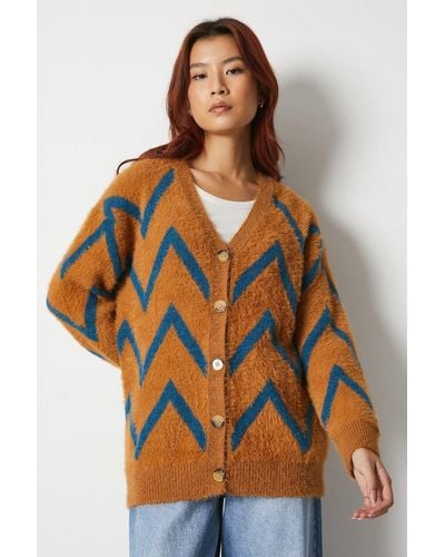 Warehouse Fluffy Knitted Oversized Cardigan - Natural