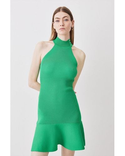 Karen Millen Knitted Rib Peplum Hem Mini Dress - Green
