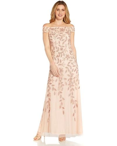 Adrianna Papell Off Shoulder Beaded Vine Gown - Natural