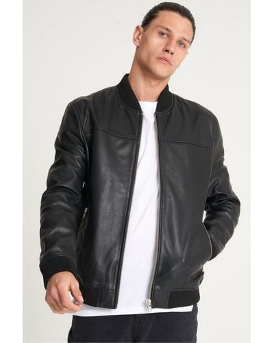 Barneys Originals Fine Milled Leather Bomber Jacket - Black