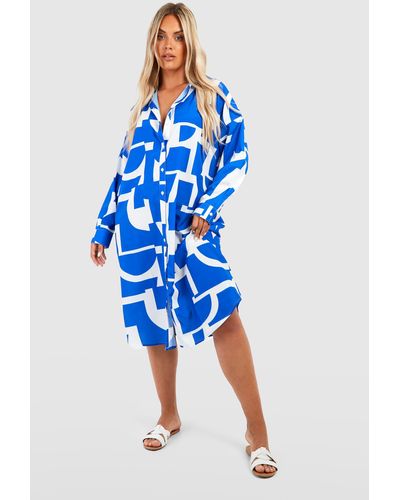 Boohoo Plus Satin Geo Print Midi Shirt Dress - Blue
