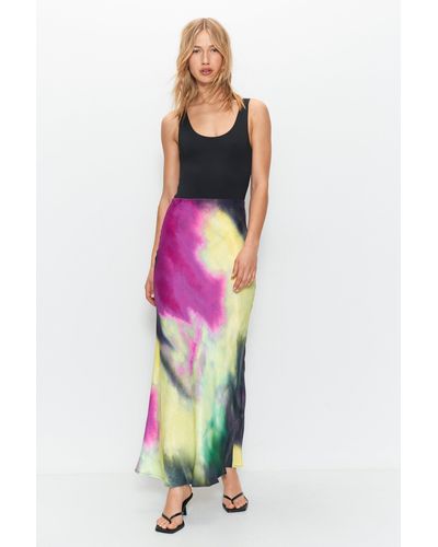 Warehouse Dye Print Premium Satin Bias Maxi Skirt - Black