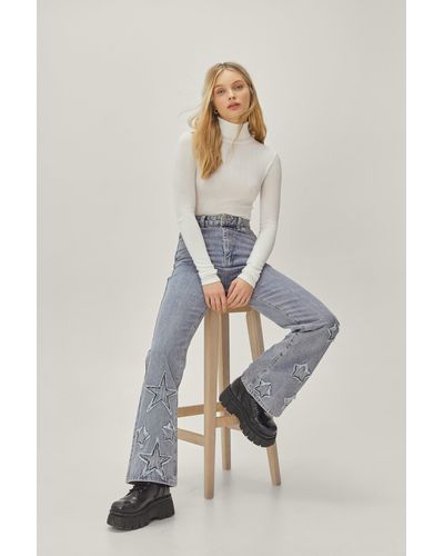 Nasty Gal Star Applique High Waisted Flared Jeans - Blue