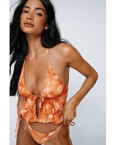 Nasty Gal Blurred Floral Halter Tie Front Bikini Set - Orange
