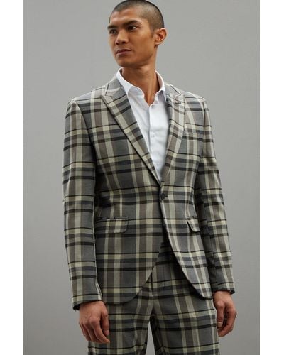 Burton Skinny Fit Folk Brown Check Suit Jacket - Grey