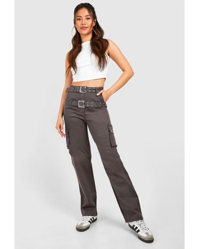 Boohoo Double Belted Straight Fit Cargo Trousers - Natural
