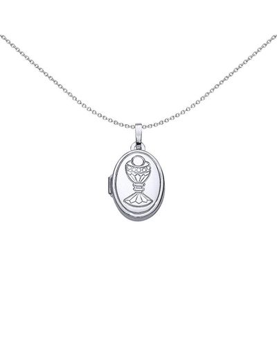 Jewelco London Silver Oval Eucharist Chalice 1st Communion Locket Necklace 18" - Lk34 - Metallic