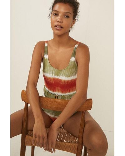 Oasis Belted Blurred Stripe Swimsuit - Brown
