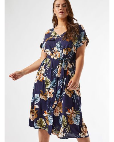 Dorothy Perkins Curve Navy Floral Print Dress - Blue