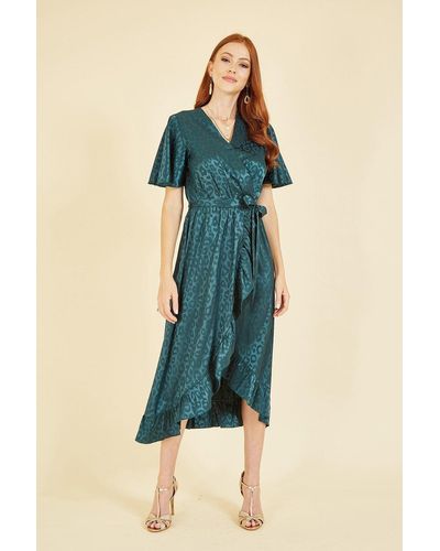 Mela Green Jacquard Leopard Print Wrap Midi Dress - Blue