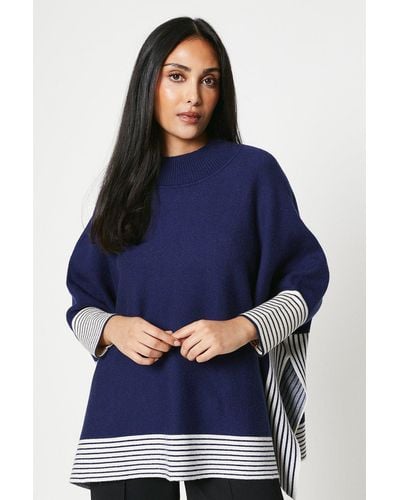 Wallis Petite Oversized Poncho Jumper With Contrast Stripe - Blue