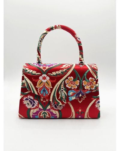 SVNX Red Satin Embroidered Top Handle Bag