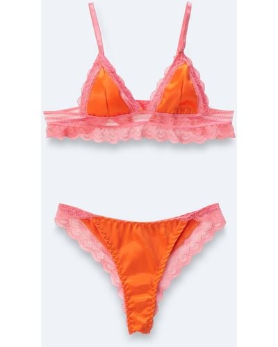 Nasty Gal Satin Contrast Lace Scallop Triangle Lingerie Set - Red