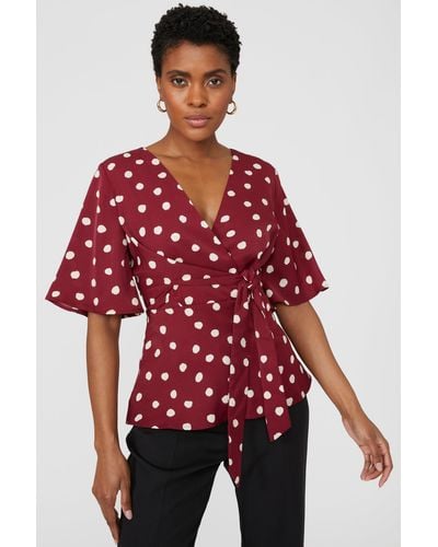 PRINCIPLES Spot Printed Tie Front Blouse - Red