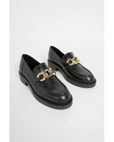 Warehouse Real Leather Croc Chunky Loafer - Black