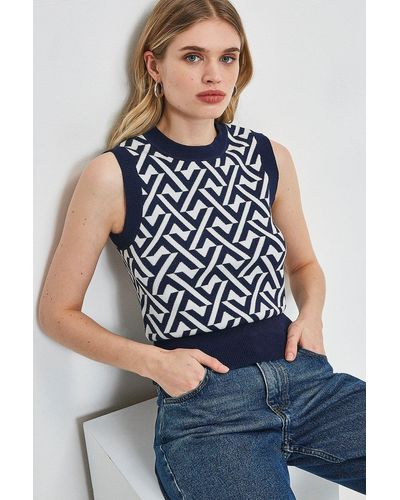 Karen Millen Geo Jacquard Knit Jumper Vest - Blue
