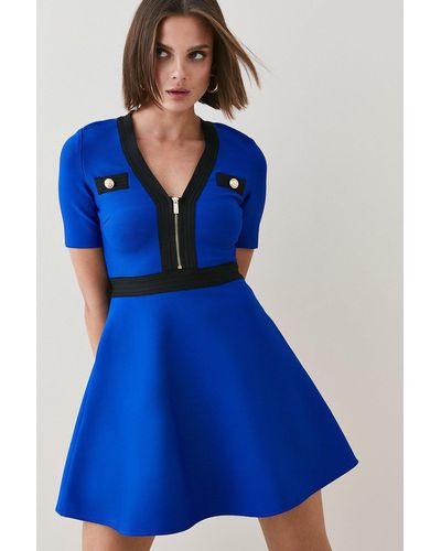 Karen Millen V Neck Skater Bandage Knit Mini Dress - Blue