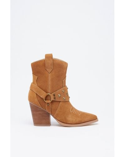 Warehouse Suede Harness Detail Ankle Cowboy Boot - Brown