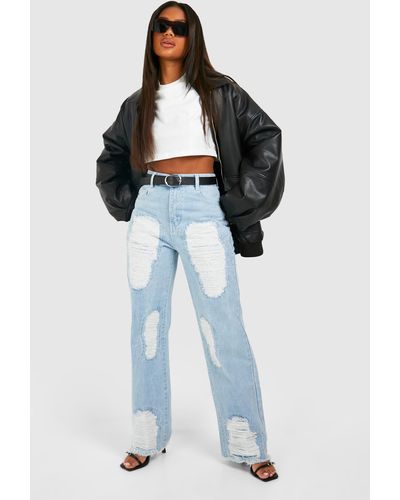 Boohoo Extreme Distressed Ripped Straight Leg Jeans - Blue