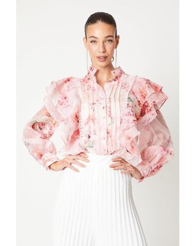 Coast Printed Pintuck Ruffle Blouse With Volume Sleeve - Pink