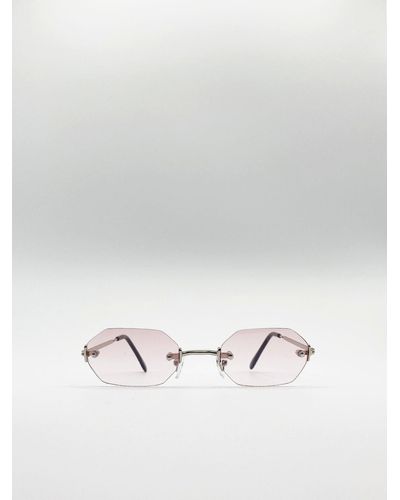 SVNX Rimless Hexagon Sunglasses In Pink - White