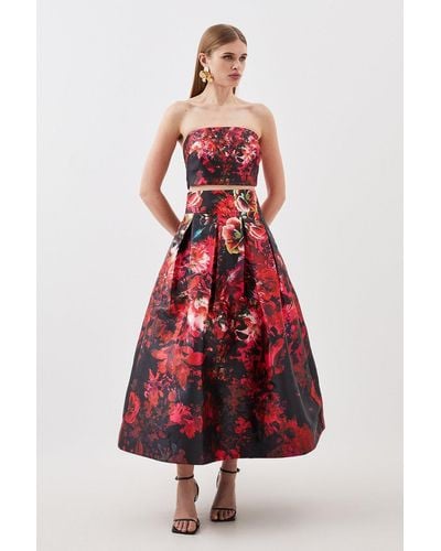Karen Millen Floral Printed Satin Twill Woven Maxi Prom Skirt - Red