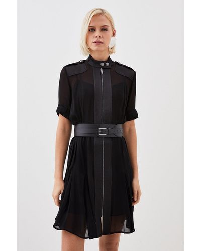 KarenMillen Petite Contrast Panel Sheer Short Sleeve Woven Mini Dress - Black