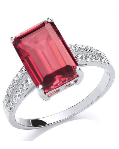 Jewelco London Silver Red Emerald Cut Cz Shoulder-set 4 Claw Solitaire Ring - Gvr660ruby
