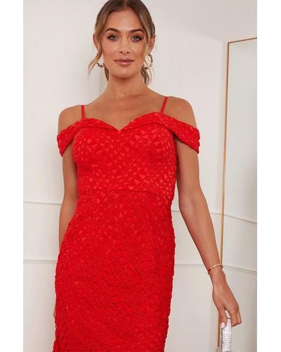 Chi Chi London Bardot Premium Lace Midi Dress - Red