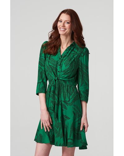Izabel London Leaf Print Pephem Shirt Dress - Green