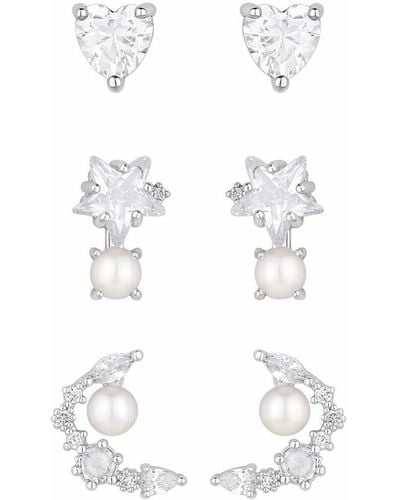 Mood Silver Crystal Cubic Zirconia And Pearl Delicate Celestial Stud Earrings - Pack Of 2 - White