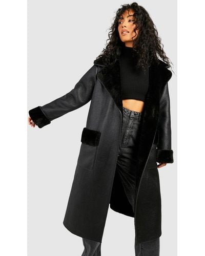 Boohoo Faux Fur Shawl Collar Belted Faux Leather Coat - Black