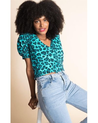 Dancing Leopard Kooki Leopard Print Knitted Cardigan Short Sleeve V-neck Jumper - Blue