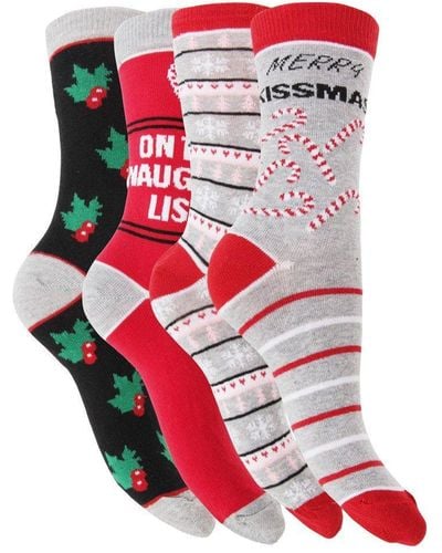 Universal Textiles Festive Fun Christmas Happy Time Socks (4 Pairs) - Red
