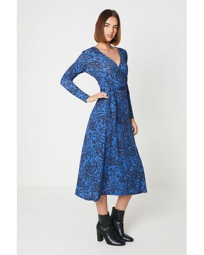 Oasis Blue Paisley Belted Wrap Midi Dress